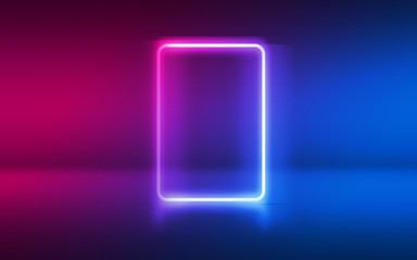 Abstract dark background with blue and pink neon glow. Neon luminous figure in the center of the stage.