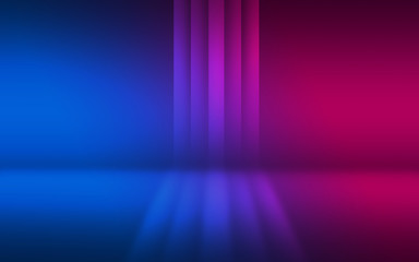 Abstract dark background with blue and pink neon glow. Neon luminous figure in the center of the stage.