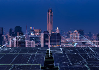 Smart green city and renewable concept.Ai solar panels linkage to  the city need power. Green...