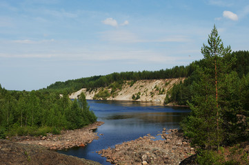 Mountain river valley panorama landscape. River valley in the mountains. View of the mountain river