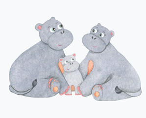 Cute hippo family with a baby