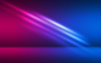 Abstract dark background with blue and pink neon glow. Neon luminous figure in the center of the stage.