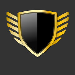 black and gold shield with wings symbol. Protection emblem