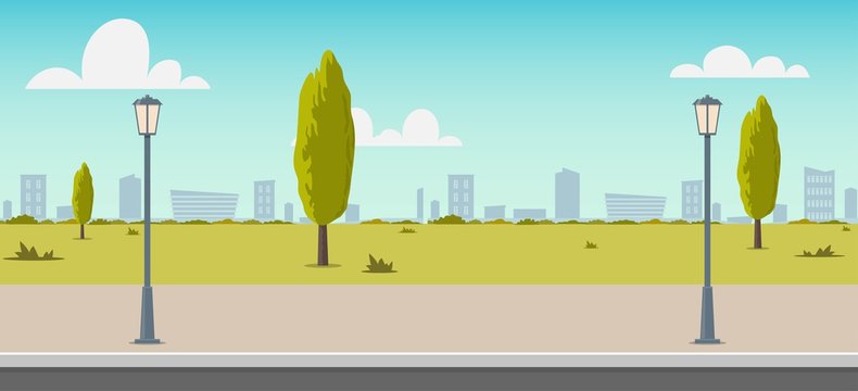 Road empty city street. Empty street or alley in a city park. Street on a Sunny summer day. Flat Vector Illustration, background for an animated video, footage.