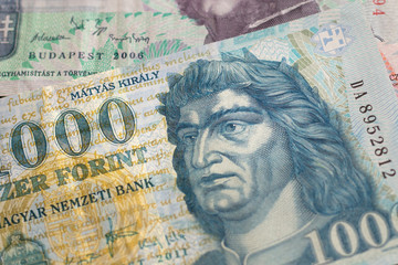 Hungarian forint currency background with portrait of Matthias Corvinus. Money background for business, finance, banking, budgeting, economic topics. Selective focus