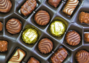 Chocolate candies of different shapes in the box