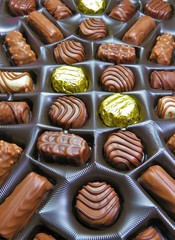 Chocolate candies of different shapes in the box