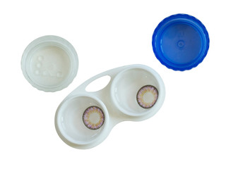 containers for contact lenses isolated on white with colored lenses