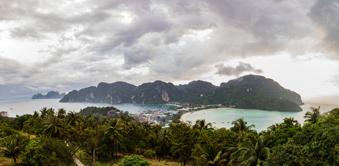 Panoramic view of all Phi Phi Don island from the main viewpoint on a cloudy day