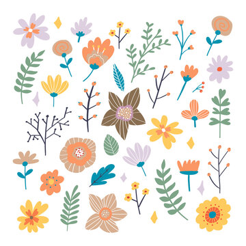 Floral bouquet of hand drawn fantasy folk flowers. Botanical illustration in flat cartoon style. Great as banner, print and card. Vector