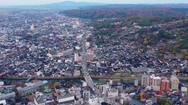 Aerial view of cityscape of Kanazawa, capital city of Ishikawa Prefecture in autumn - landscape panorama of Japan from above, Asia