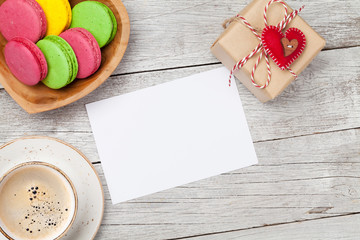 Valentines day card with gift, cookies and coffee cup