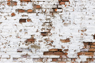 Red with White Retro Grunge Brickwall Backdrop. Stonewall Wallpaper. Vintage Wall With Peeled Plaster.