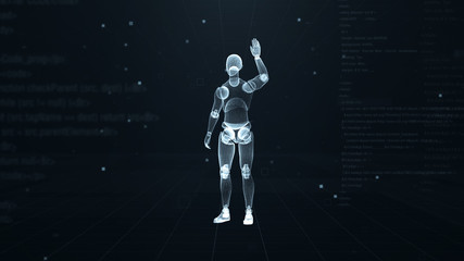 Fototapeta premium Human puppet waving his right hand on virtual 3d digital space with futuristic white hud. X-ray scan. Front view.