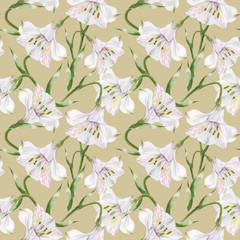 Watercolor alstroemeria beige seamless pattern