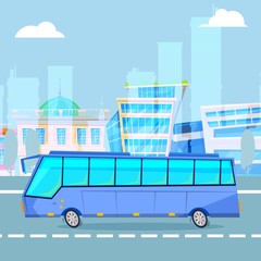 City tourist driving bus on cityscape cartoon vector illustration. City electric bus for tour, travelling or passangers, coach buses.