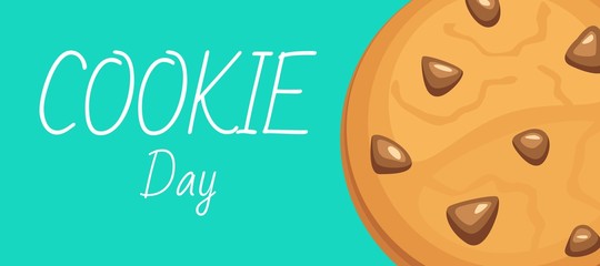 Chocolate chip cookie, homemade biscuit isolated on blue background vector illustration. Cookie day poster for holiday, cooking classes and party banner.