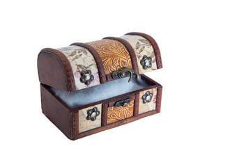 Wooden casket on a white background. Ajar chest.