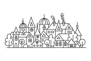 Hand-drawn small town in outline style. Vector doodle illustration with city panorama. Composition of ancient houses. Coloring page.