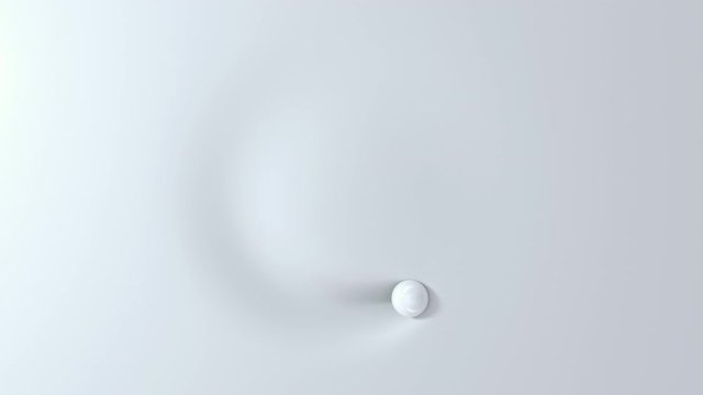 One white ball rolling around circle on soft surface. Top view of spheres touching liquid material. 3D render animation. Seamless loop.