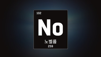 3D illustration of Nobelium as Element 102 of the Periodic Table. Grey illuminated atom design background with orbiting electrons name atomic weight element number in Korean language