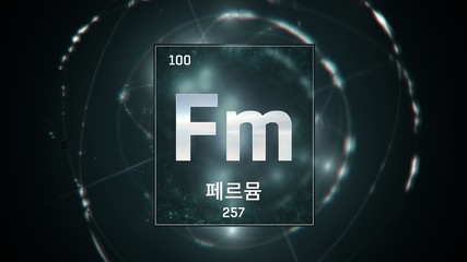 3D illustration of Fermium as Element 100 of the Periodic Table. Green illuminated atom design...