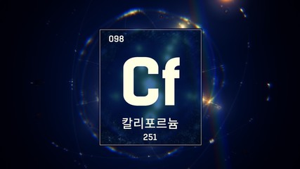 3D illustration of Californium as Element 98 of the Periodic Table. Blue illuminated atom design...