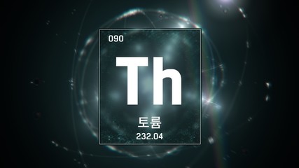 3D illustration of Thorium as Element 90 of the Periodic Table. Green illuminated atom design background with orbiting electrons name atomic weight element number in Korean language