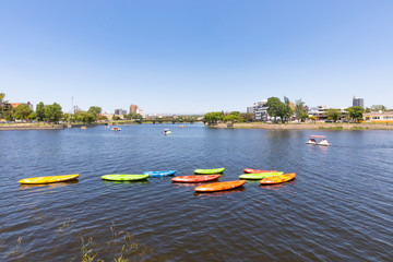 Fototapeta na wymiar Argentina Cordoba Villa Carlos Paz canoes on San Antonio river