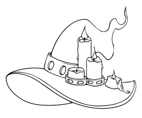Witch hat with candles. Halloween icon. Hand drawn vector illustration. Can be used for cards, coloring books, games, tattoo etc.