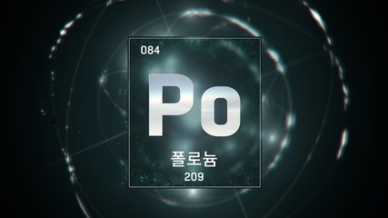 3D illustration of Polonium as Element 84 of the Periodic Table. Green illuminated atom design background with orbiting electrons name atomic weight element number in Korean language