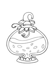 Halloween magic bottle with pumpkin juice. Contour drawing. Hand drawn vector icon. Can be used for cards, coloring books, tattoo etc.