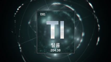 3D illustration of Thallium as Element 81 of the Periodic Table. Green illuminated atom design background with orbiting electrons name atomic weight element number in Korean language