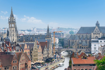 Panorama of old Ghent overlooking the canal and the bell tower.