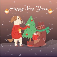 Happy New Year cartoon fir tree, bear and dog in winter clothes with gifts, greeting card design vector illustration. Winter happy new year holiday and merry christmas.