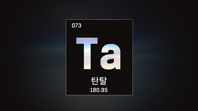 3D illustration of Tantalum as Element 73 of the Periodic Table. Grey illuminated atom design background with orbiting electrons name atomic weight element number in Korean language