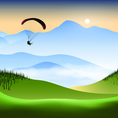 Silhouette of flying paraglider take a selfie with action camera in a mountain valley at sunrise. Vector illustration, EPS 10.