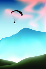 Fototapeta na wymiar Silhouette of flying paraglider take a selfie with action camera in a sky above the mountains. Vector illustration, EPS 10.