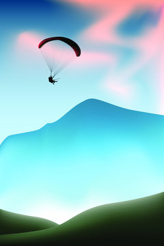 Silhouette of flying paraglider take a selfie with action camera in a sky above the mountains. Vector illustration, EPS 10.