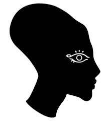 Profile of a girl with an elongated skull in the Egyptian style. Sign, silhouette.