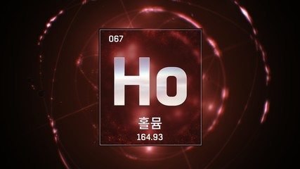 3D illustration of Holmium as Element 67 of the Periodic Table. Red illuminated atom design background with orbiting electrons name atomic weight element number in Korean language