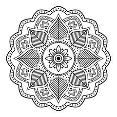 Flower-shaped mandala, black and white pattern. Islam, Arabic, Pakistan, Moroccan, Turkish, Indian, Spain motifs. Hand drawn background, can be used for coloring book, greeting card.