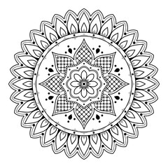 Flower-shaped mandala, black and white pattern. Islam, Arabic, Pakistan, Moroccan, Turkish, Indian, Spain motifs. Hand drawn background, can be used for coloring book, greeting card.