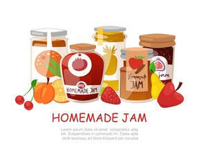 Homemade jam with fresh fruits and berry Jam with rustic jars of jelly with paper cover, marmalade cartoon vector illustration. Berries and fresh fruits homemade jam poster for natural products shops.