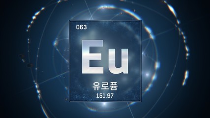 3D illustration of Europium as Element 63 of the Periodic Table. Blue illuminated atom design background with orbiting electrons name atomic weight element number in Korean language