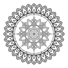 Flower-shaped mandala, black and white pattern. Islam, Arabic, Pakistan, Moroccan, Turkish, Indian, Spain motifs. Hand drawn background, can be used for coloring book, greeting card.