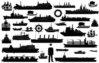 Ships icons, black silhouettes vector set, isolated on white