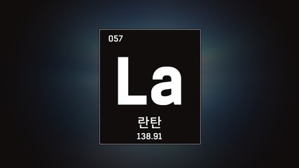 3D illustration of Lanthanum as Element 57 of the Periodic Table. Grey illuminated atom design background orbiting electrons name, atomic weight element number in Korean language