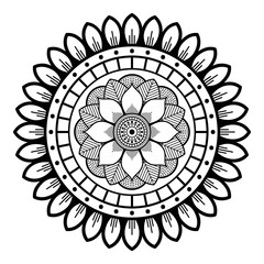 Flower-shaped mandala, black and white pattern. Islam, Arabic, Pakistan, Moroccan, Turkish, Indian, Spain motifs. Hand drawn background, can be used for coloring book, greeting card.