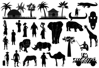 Africa vector set, black and white silhouettes, icons